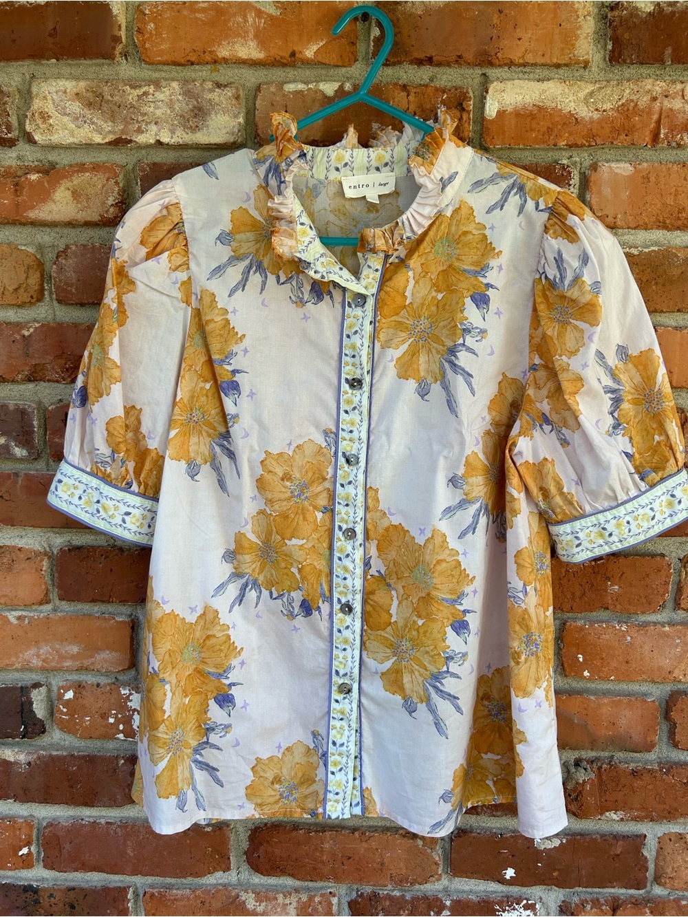 Entro Floral Puff-Sleeve Top in Mustard Yellow Large Button Down Large